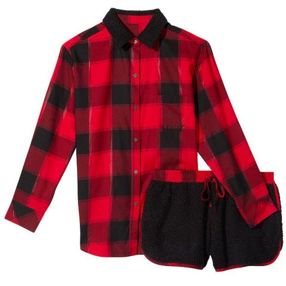 VS Flannel Shirt Cozy Fleece Short Set Lounge Sleep Adorable NWT Perfect Gift - Picture 2 of 5